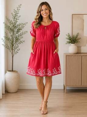 Chelsea & Violet Red Embroidered Peasant Dress XL Pockets